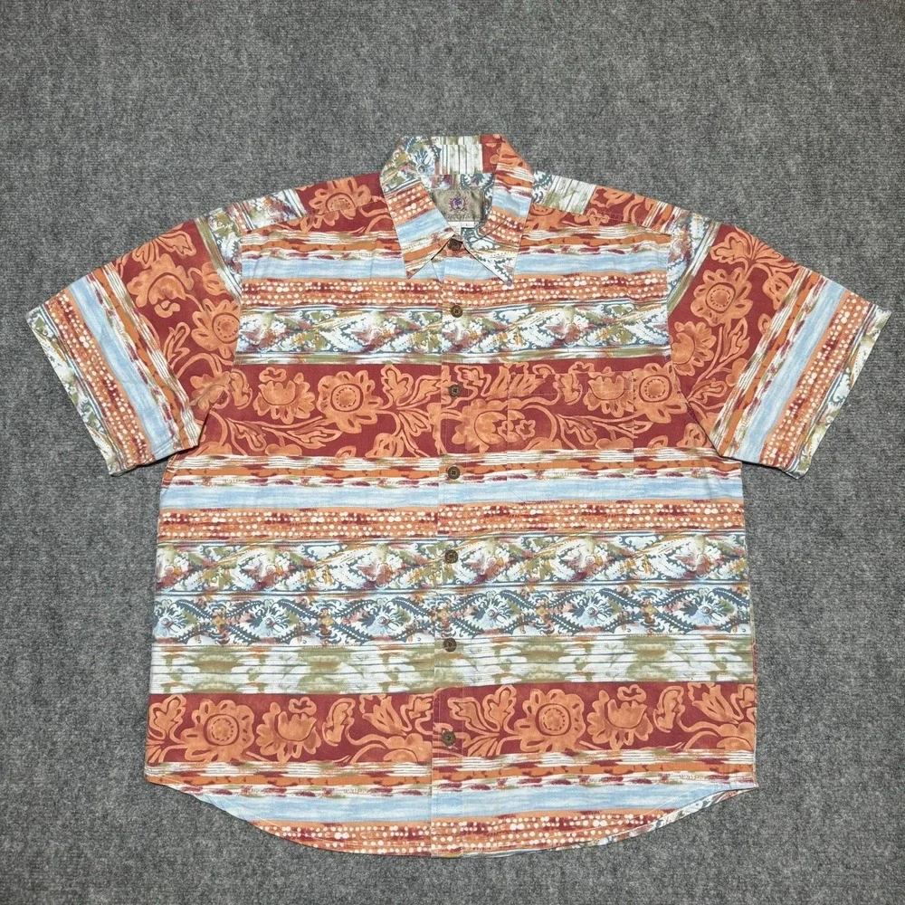 The Territory Ahead Button Up Orange Tribal Floral Pattern Short Sleeve Sz Large